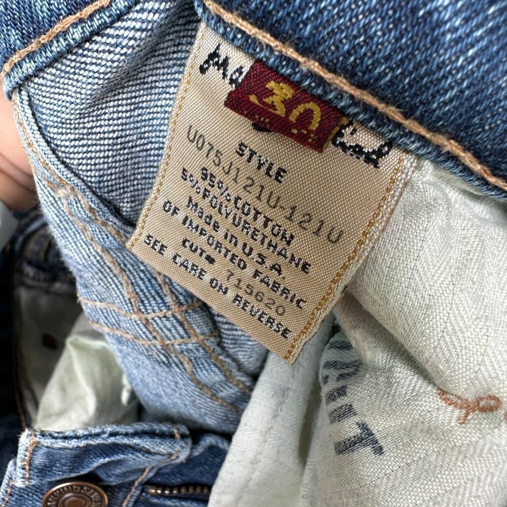 7 for All Mankind Destroyed Bootcut Worked in Low Rise Blue Jeans Size 30 - Picture 4 of 10